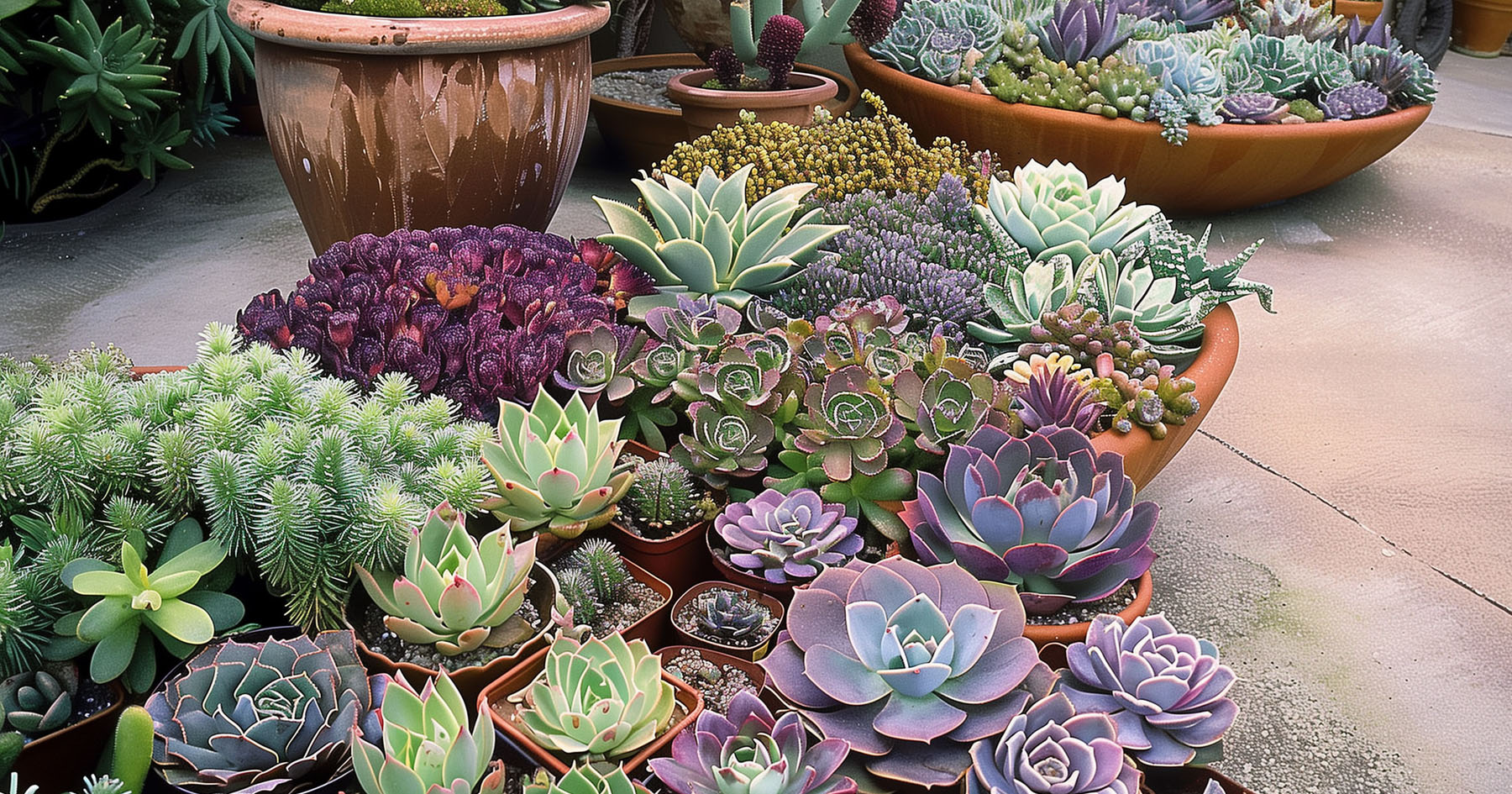 succulents in containers on a patio